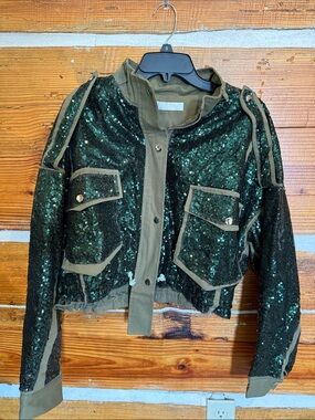 Sequin Military-Inspired Cropped Bomber Jacket - Green
